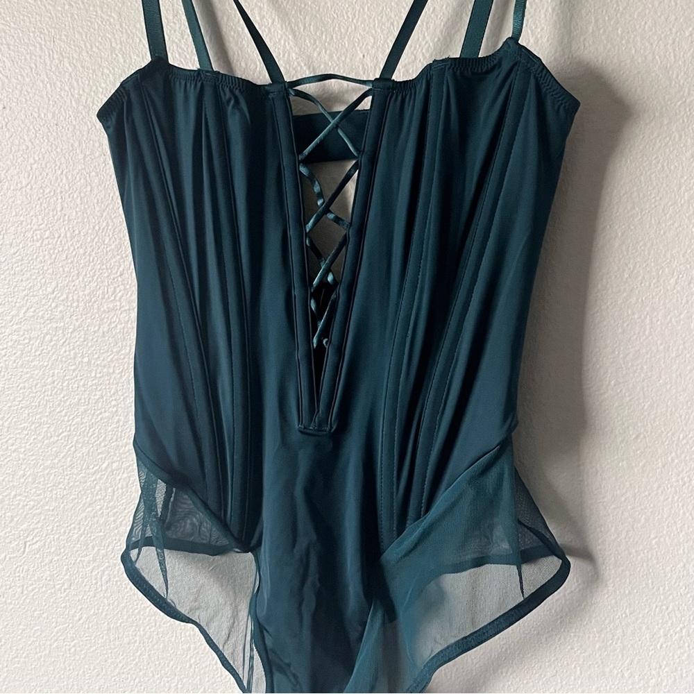 LAST DAY -- NWT VS Very Sexy Lace-Up Corset Forest Green Teddy - Picture 5 of 8